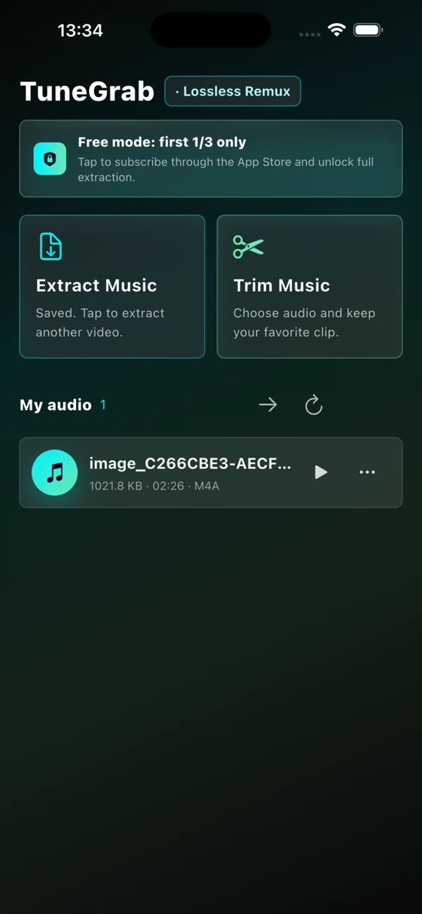 TuneGrab's home screen with Extract Music, Trim Music, and a local audio library